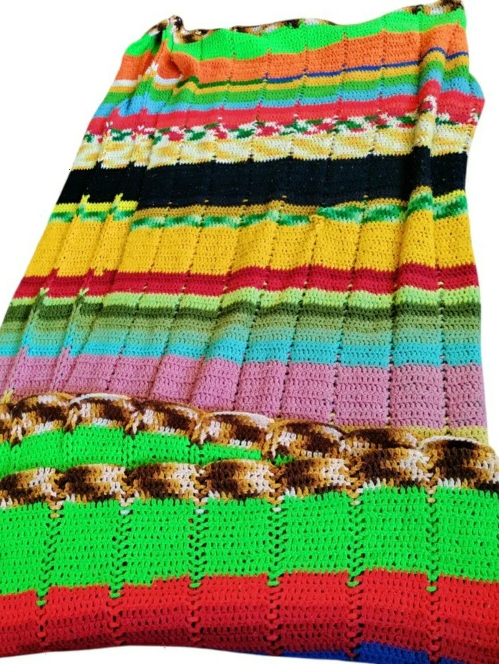 Vintage Crochet Afghan Blanket Knit Granny Cottagecore Colorful Retro 80x90